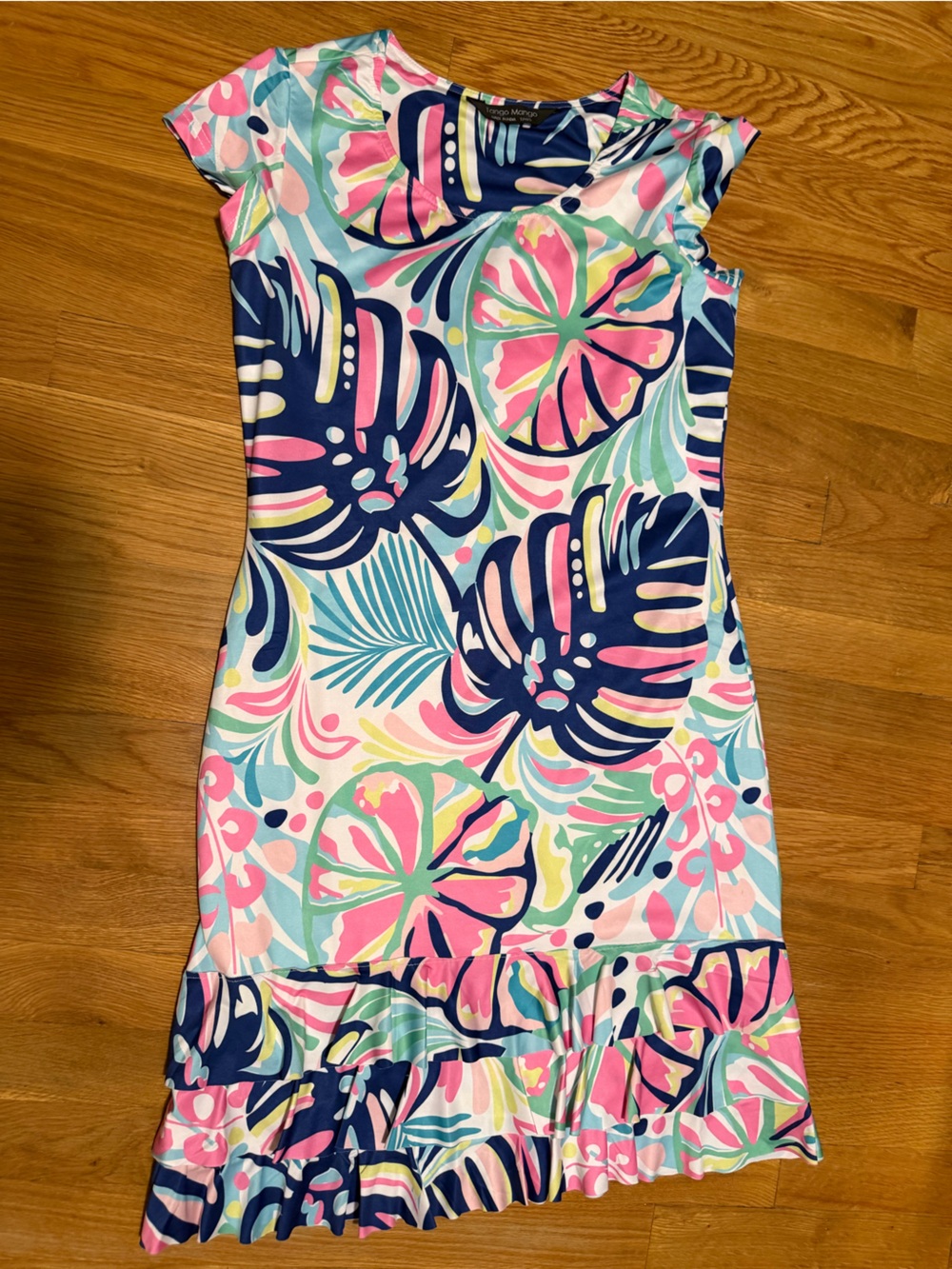 Tango Mango Tropical Leaf Print Ruffle Hem Dress - Pink & Navy XS